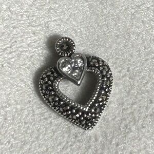Sterling Silver Crystal Heart Pendant J / J Signed 3/4" x 1/2" Cutout Middle